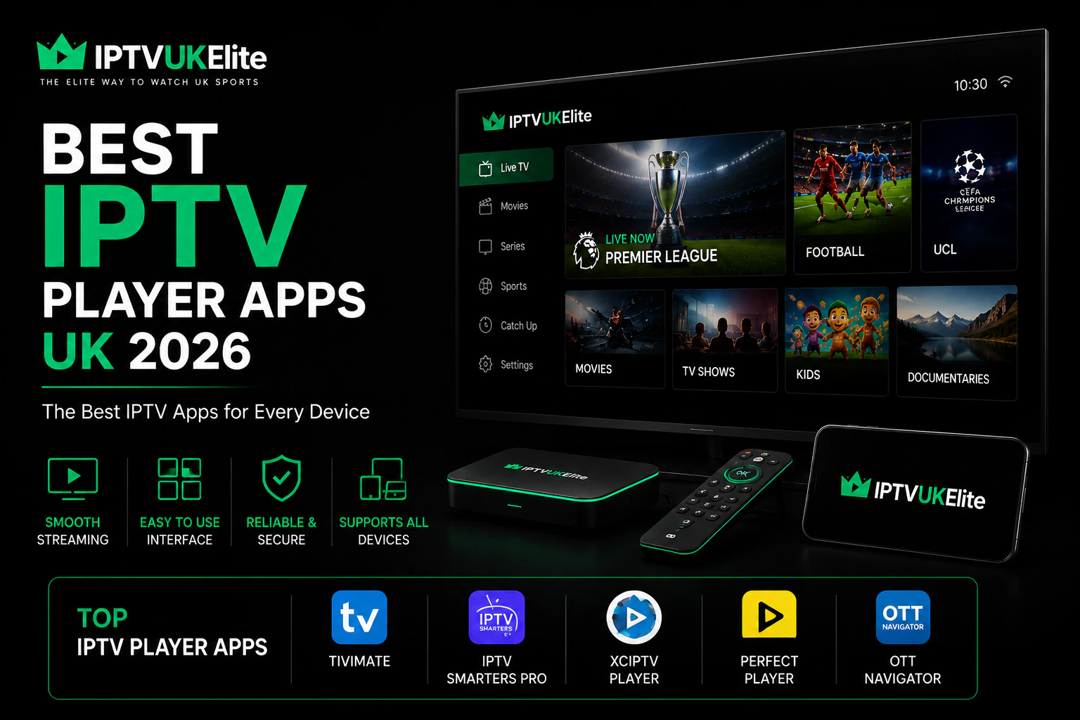 Best IPTV player apps UK 2026 — IPTV Smarters Pro, TiviMate and XCIPTV compared on Firestick, Smart TV and mobile