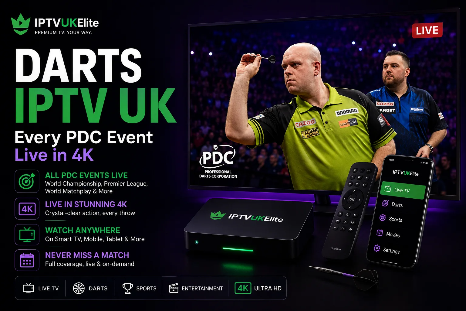 Darts IPTV UK — watch the PDC World Championship, Premier League Darts and every major event live in 4K with IPTVUKElite