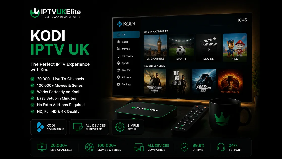 Kodi IPTV UK 2026 — live TV, sport and films inside Kodi with IPTVUKElite