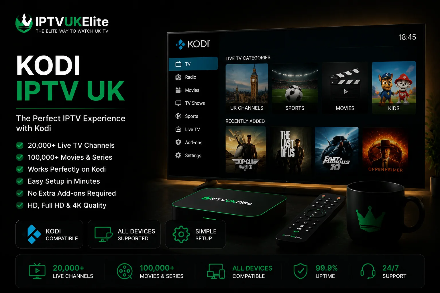 Kodi IPTV UK — live TV, sport and films inside the Kodi media centre interface with an IPTVUKElite subscription