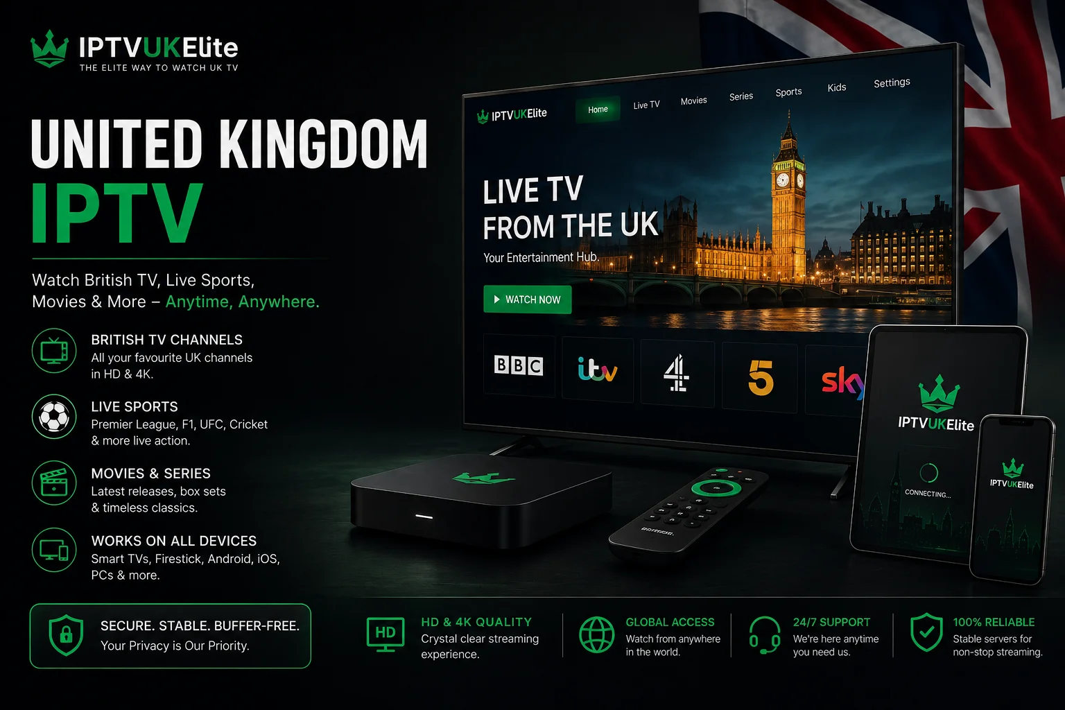 United Kingdom IPTV — watch Sky Sports, BBC, ITV and every British channel in HD and 4K on any device, anytime, anywhere