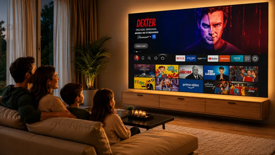 A family watching IPTV on a smart TV in their living room — stream movies, series and live sport on IPTVUKElite, the best IPTV UK service for the whole household