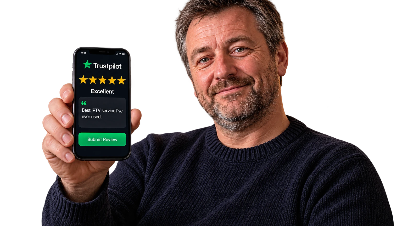 A satisfied IPTVUKElite subscriber showing a 5-star Trustpilot review — Best IPTV service I've ever used