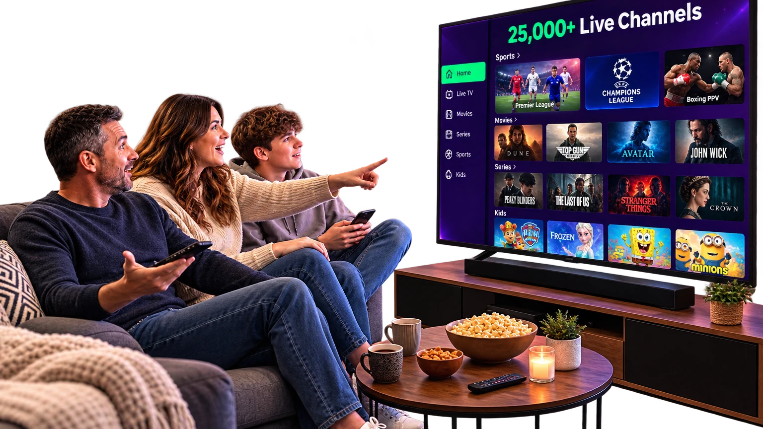 A British family watching IPTVUKElite together on a Smart TV, browsing 25,000+ live channels including Premier League, Champions League, boxing PPV, movies, series and kids' shows