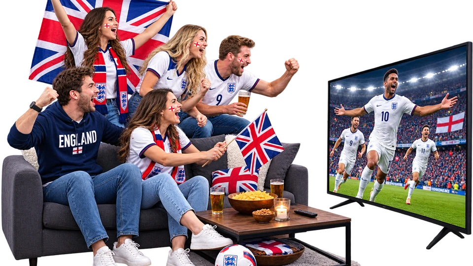 British football fans celebrating with Union Jack flags while watching the match live in 4K on IPTVUKElite, the IPTV UK service built for British sports fans